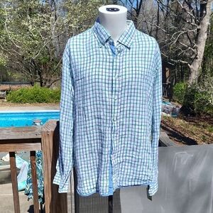 Cool linen blue & green checked shirt, long sleeve button down, blue trim, XL